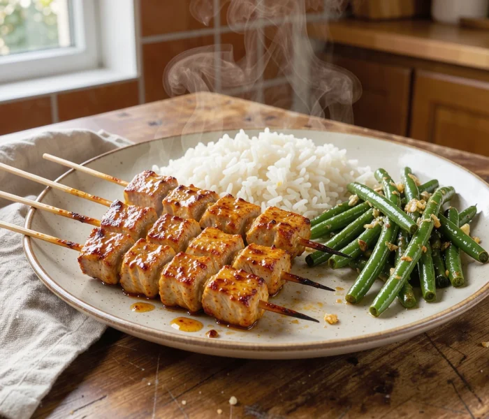 Brochettes de porc miel-paprika, haricots verts