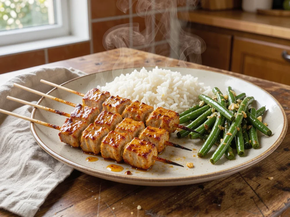 Brochettes de porc miel-paprika, haricots verts