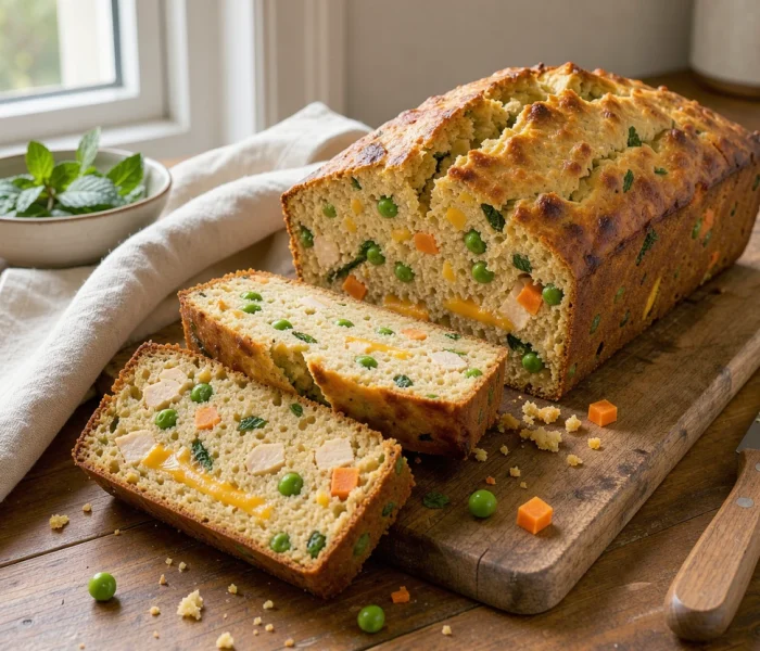 Cake salé de poulet, petits pois-carottes, menthe et cheddar