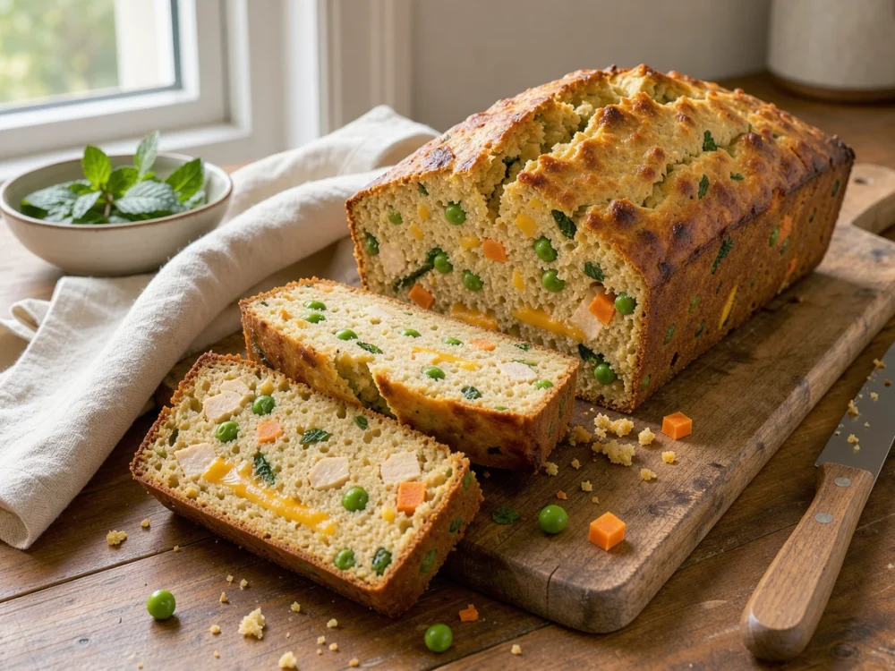 Cake salé de poulet, petits pois-carottes, menthe et cheddar
