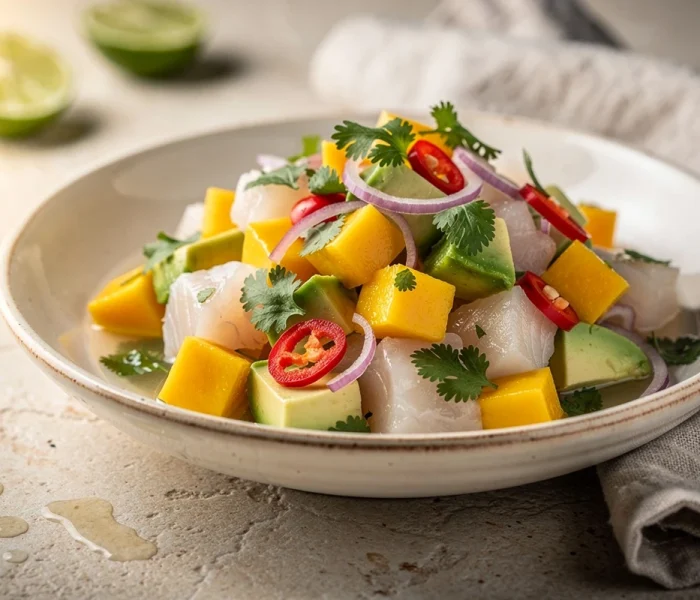 Ceviche de poisson, avocat et mangue