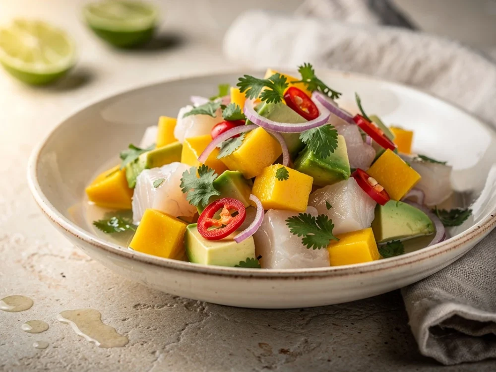 Ceviche de poisson, avocat et mangue