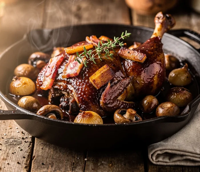 Coq au vin rouge traditionnel
