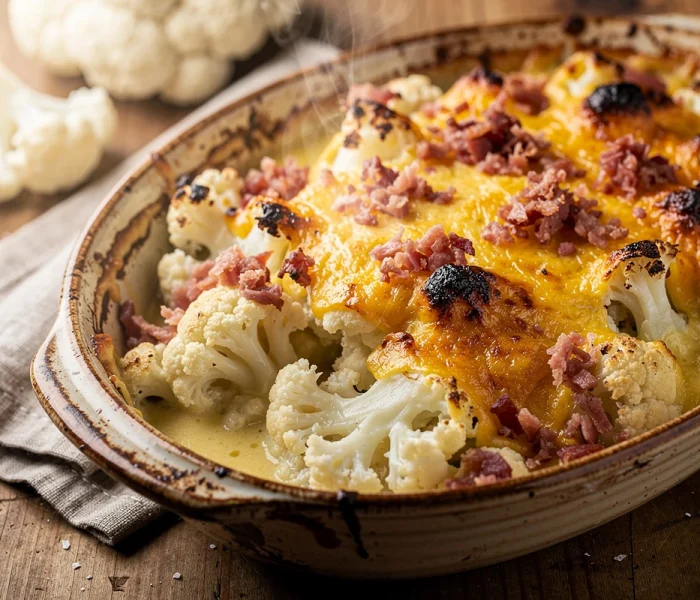 Gratin de chou-fleur au jambon cru et mimolette