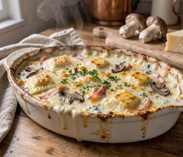 Gratin de ravioles du Dauphiné aux cèpes, crème, jambon fumé et bleu d'Auvergne