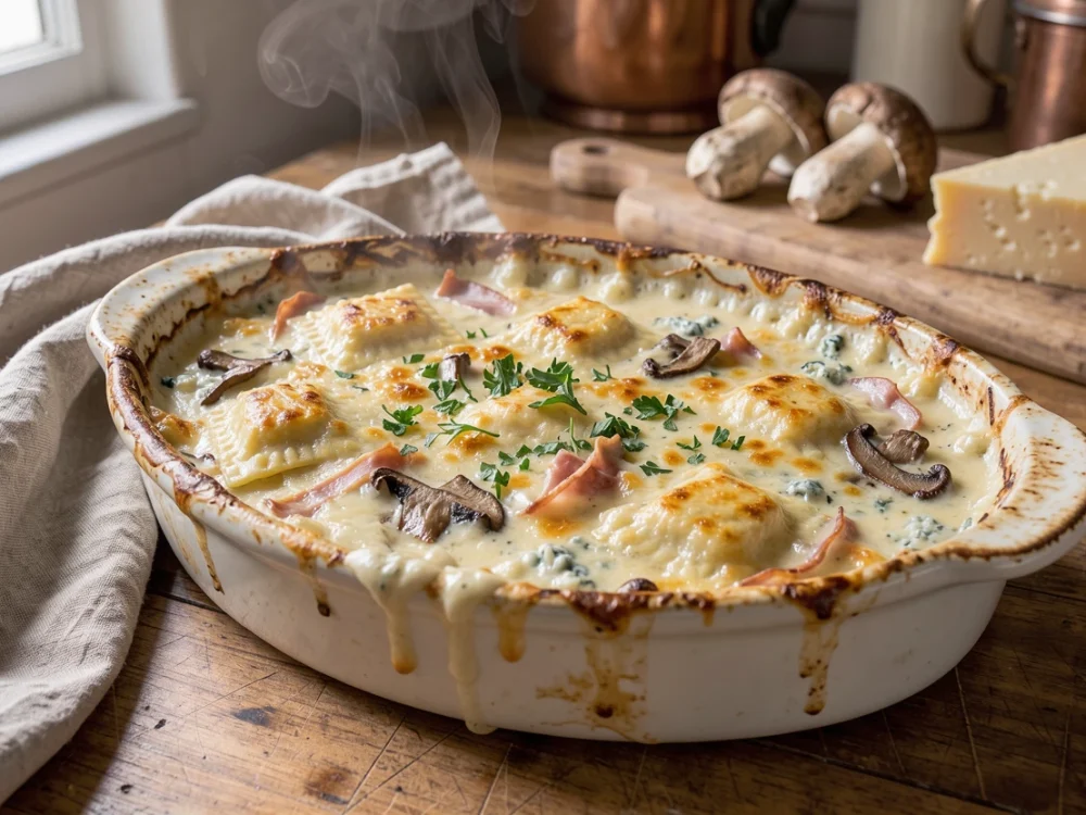 Gratin de ravioles du Dauphiné aux cèpes, crème, jambon fumé et bleu d'Auvergne