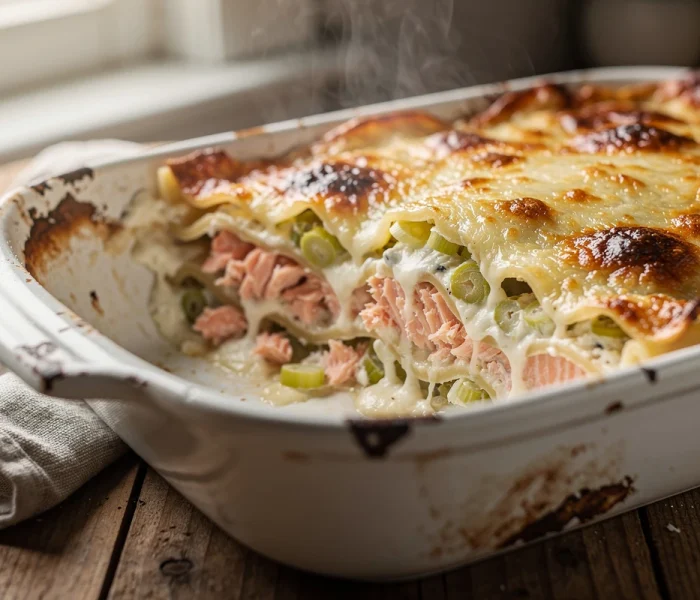 Lasagnes au saumon et poireaux fondants