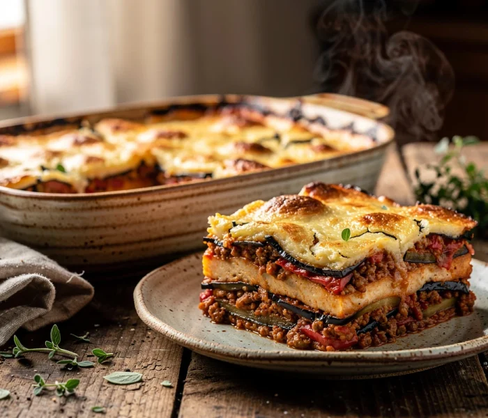 Moussaka grecque traditionnelle à l'agneau et aux aubergines