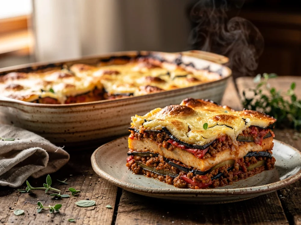 Moussaka grecque traditionnelle à l'agneau et aux aubergines