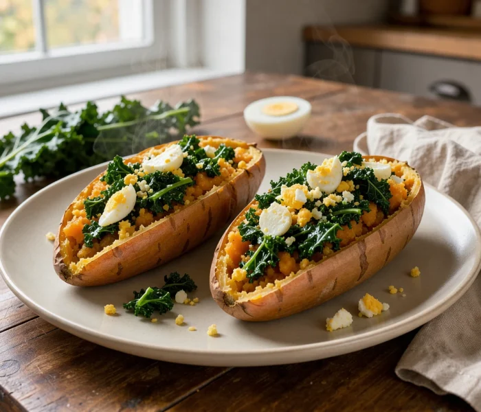 Patates douces farcies au chou kale et œufs durs