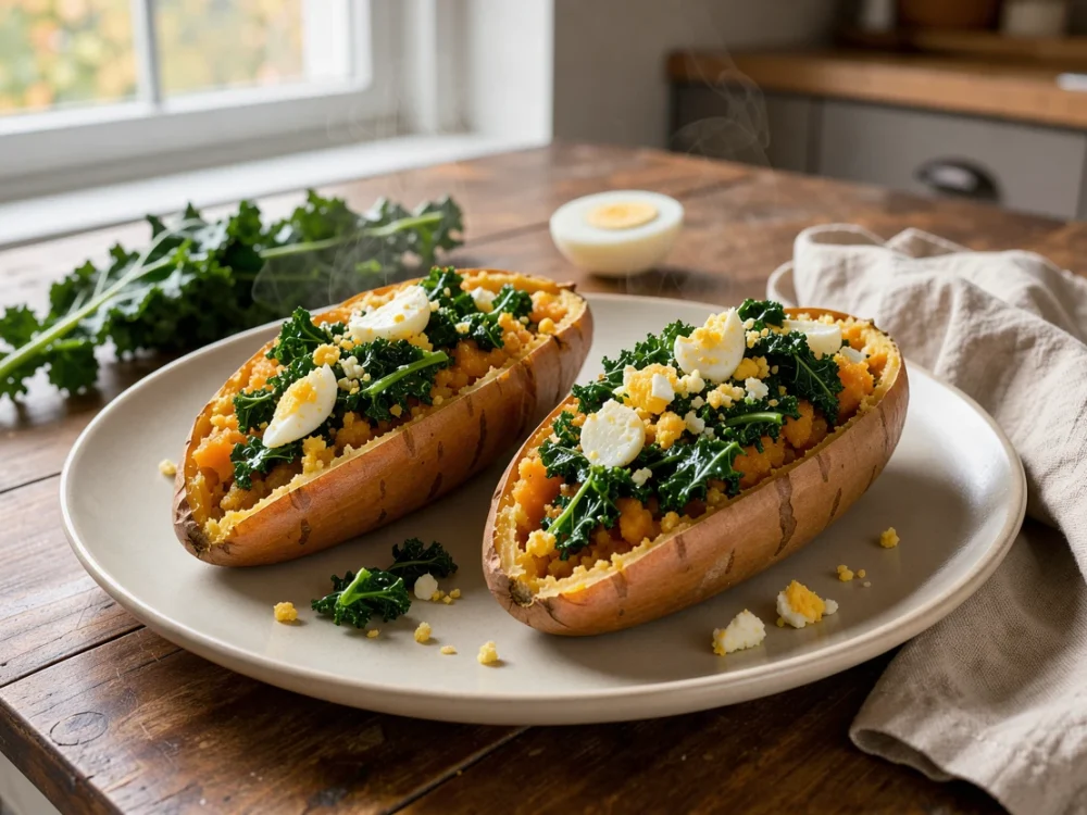 Patates douces farcies au chou kale et œufs durs