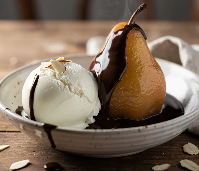 Poire Belle-Hélène maison, glace vanille et chocolat chaud