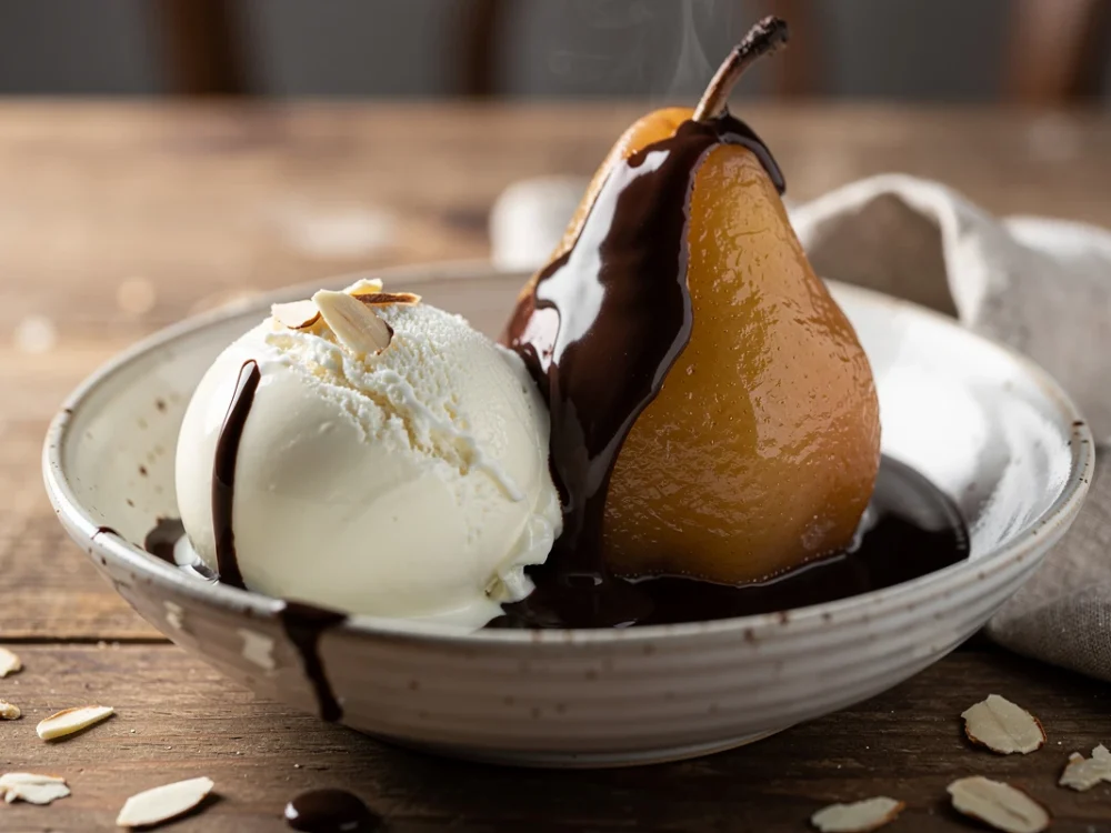 Poire Belle-Hélène maison, glace vanille et chocolat chaud