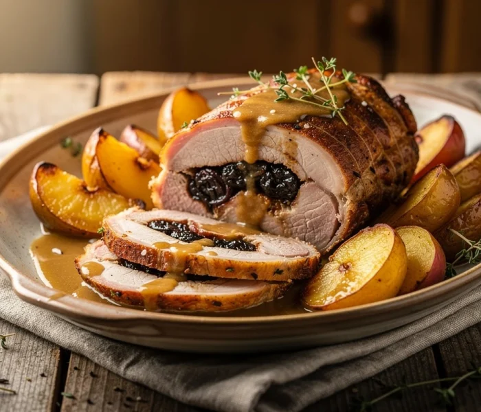 Rôti de porc aux pruneaux et pommes