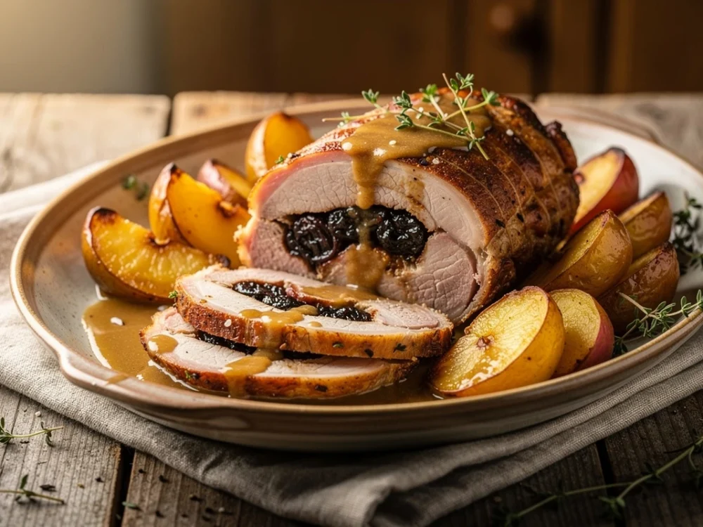 Rôti de porc aux pruneaux et pommes