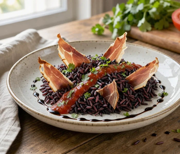 Salade de riz noir, tomate, jambon sec croustillant et balsamique
