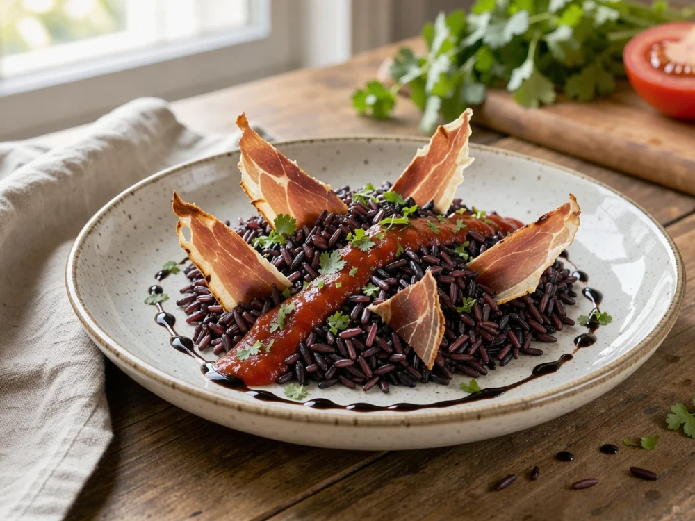 Salade de riz noir, tomate, jambon sec croustillant et balsamique