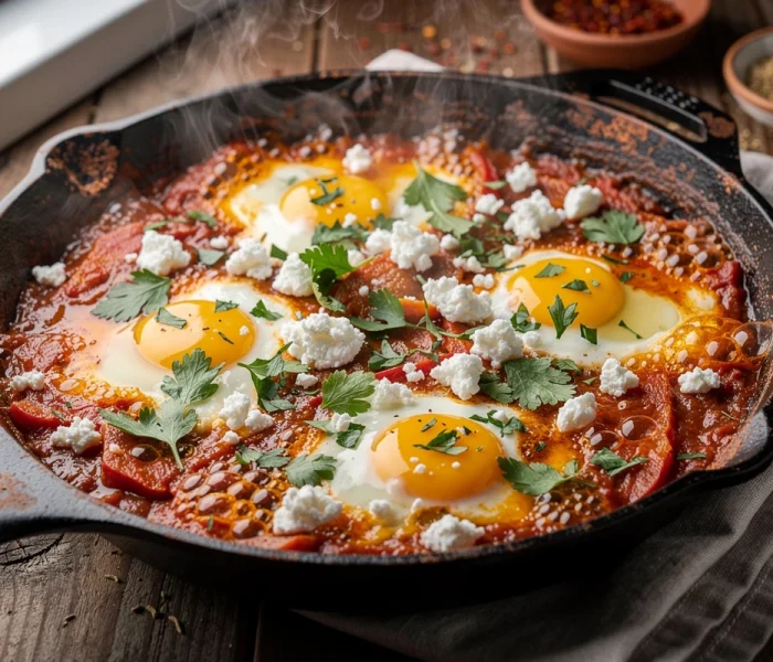 Shakshuka aux œufs pochés, tomates et feta