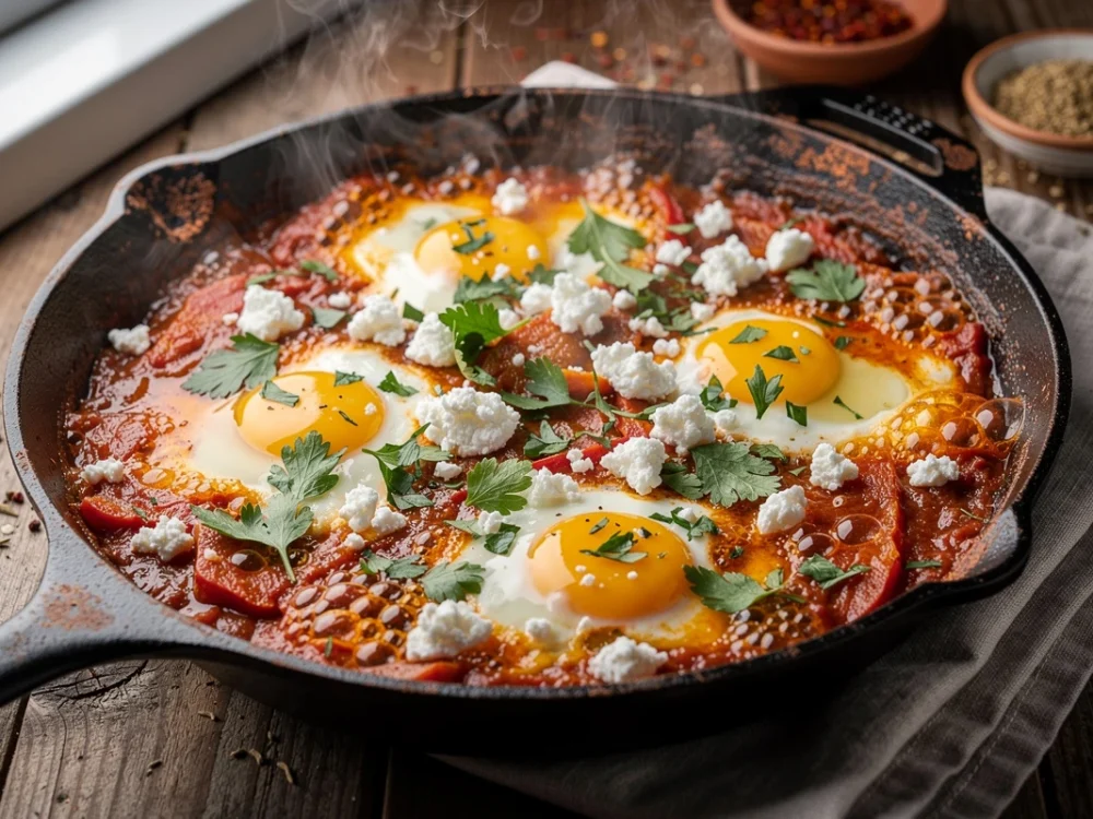 Shakshuka aux œufs pochés, tomates et feta