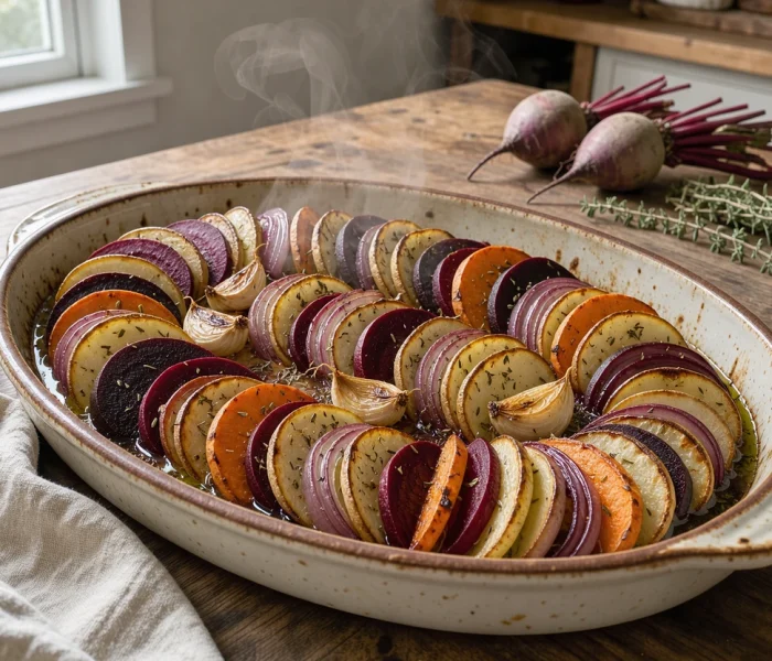 Tian de légumes d'hiver aux racines : betterave, patate douce et radis noir