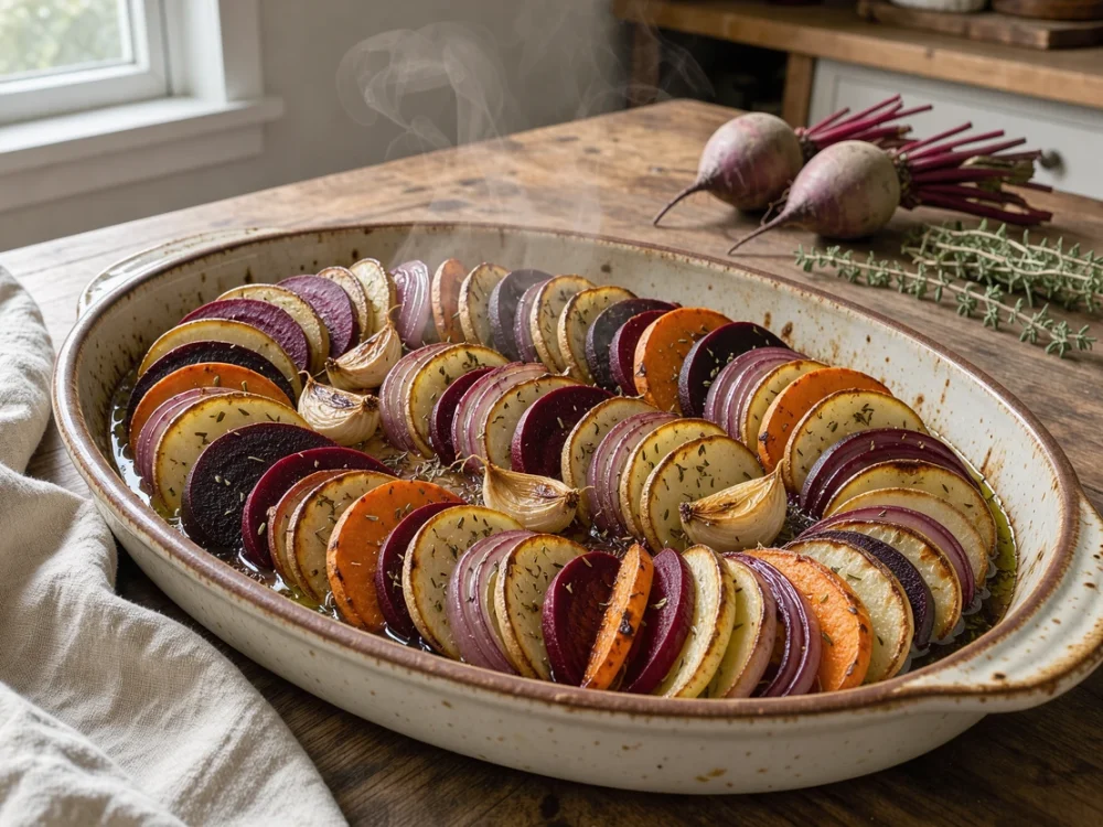 Tian de légumes d'hiver aux racines : betterave, patate douce et radis noir