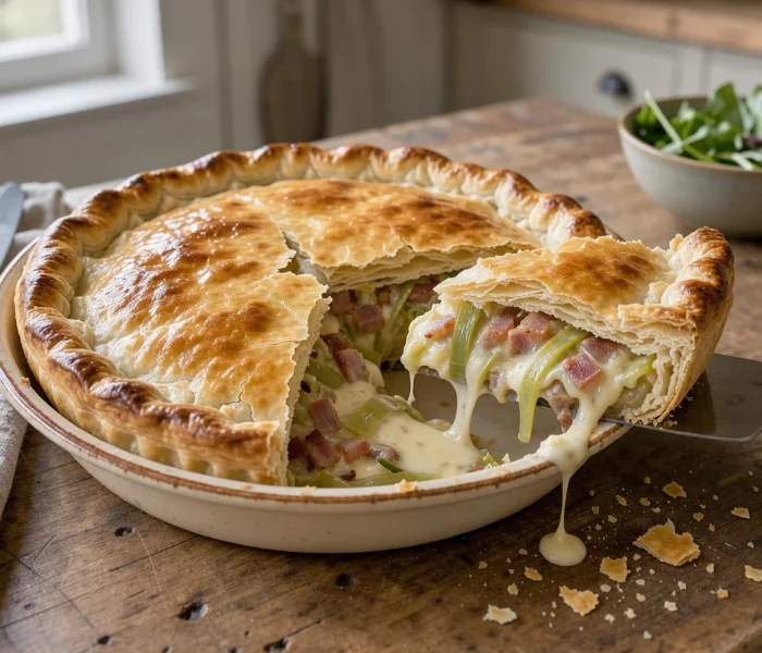 Tourte aux poireaux et lardons au reblochon