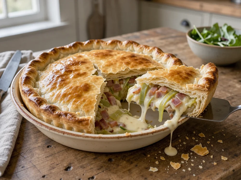 Tourte aux poireaux et lardons au reblochon