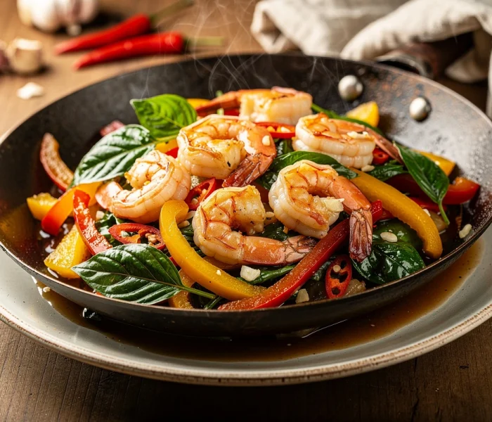 Wok de crevettes au basilic thaï