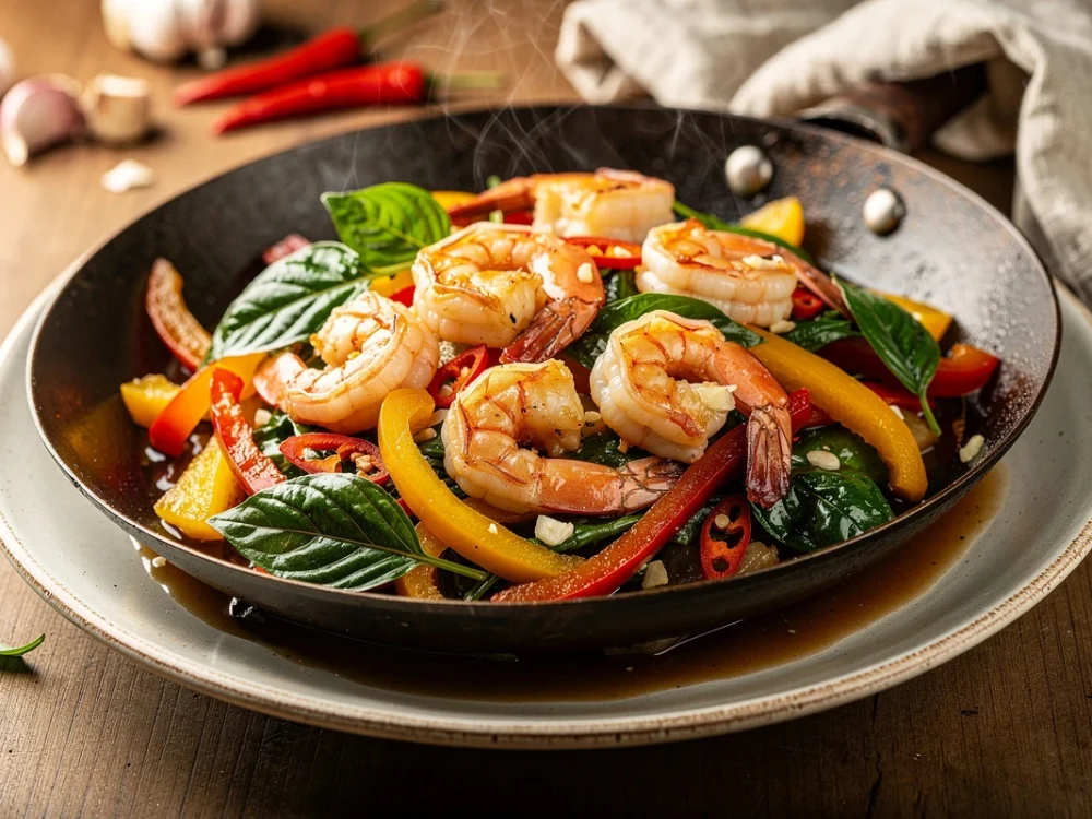 Wok de crevettes au basilic thaï