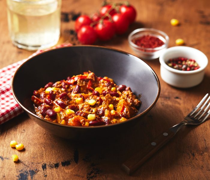 Chili Con Carne with ground beef, beans and corn. Mexican and Texas cuisine