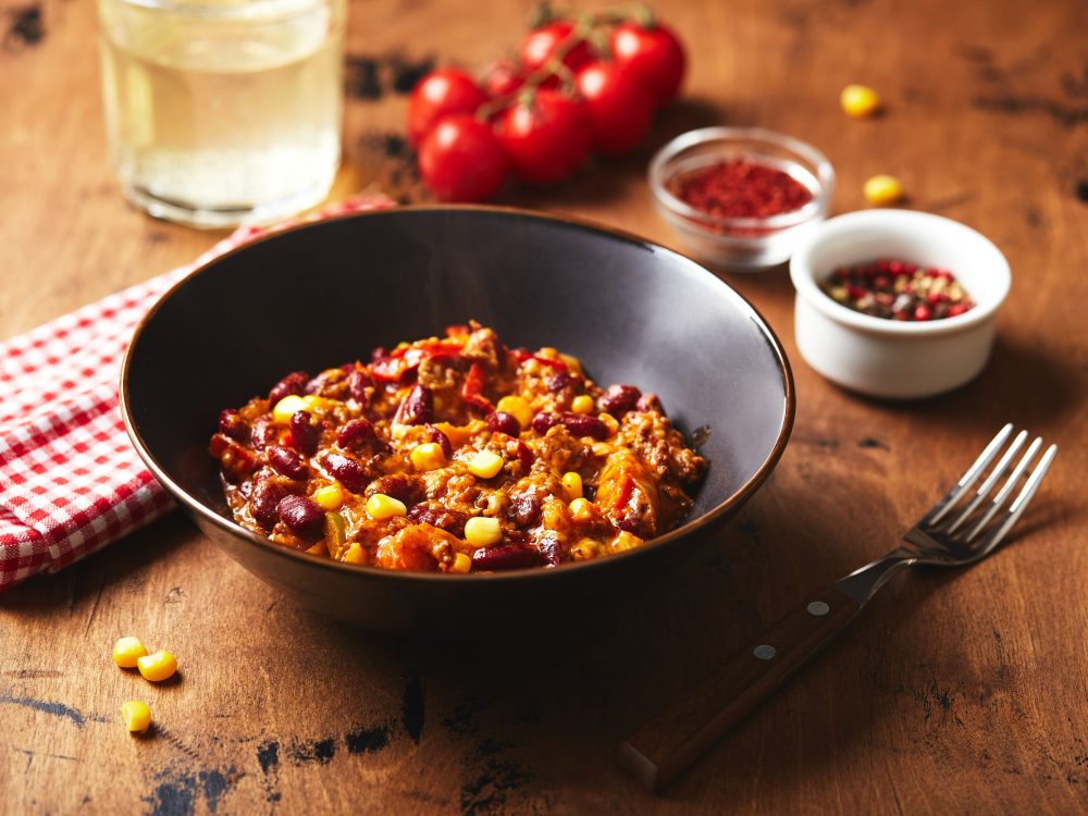 Chili Con Carne with ground beef, beans and corn. Mexican and Texas cuisine